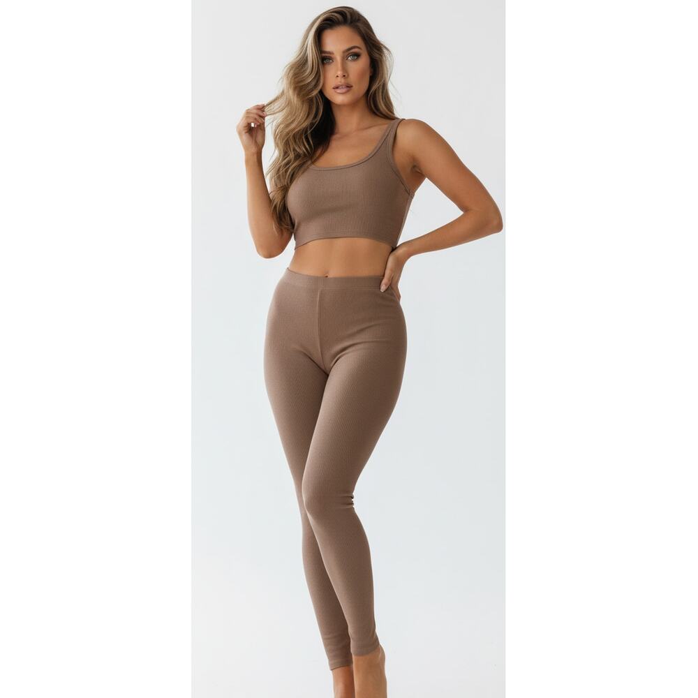 Naked Wardrobe Leggings Womens Small Coco Tan Ribbed Knit Stretch Pull-on Pants